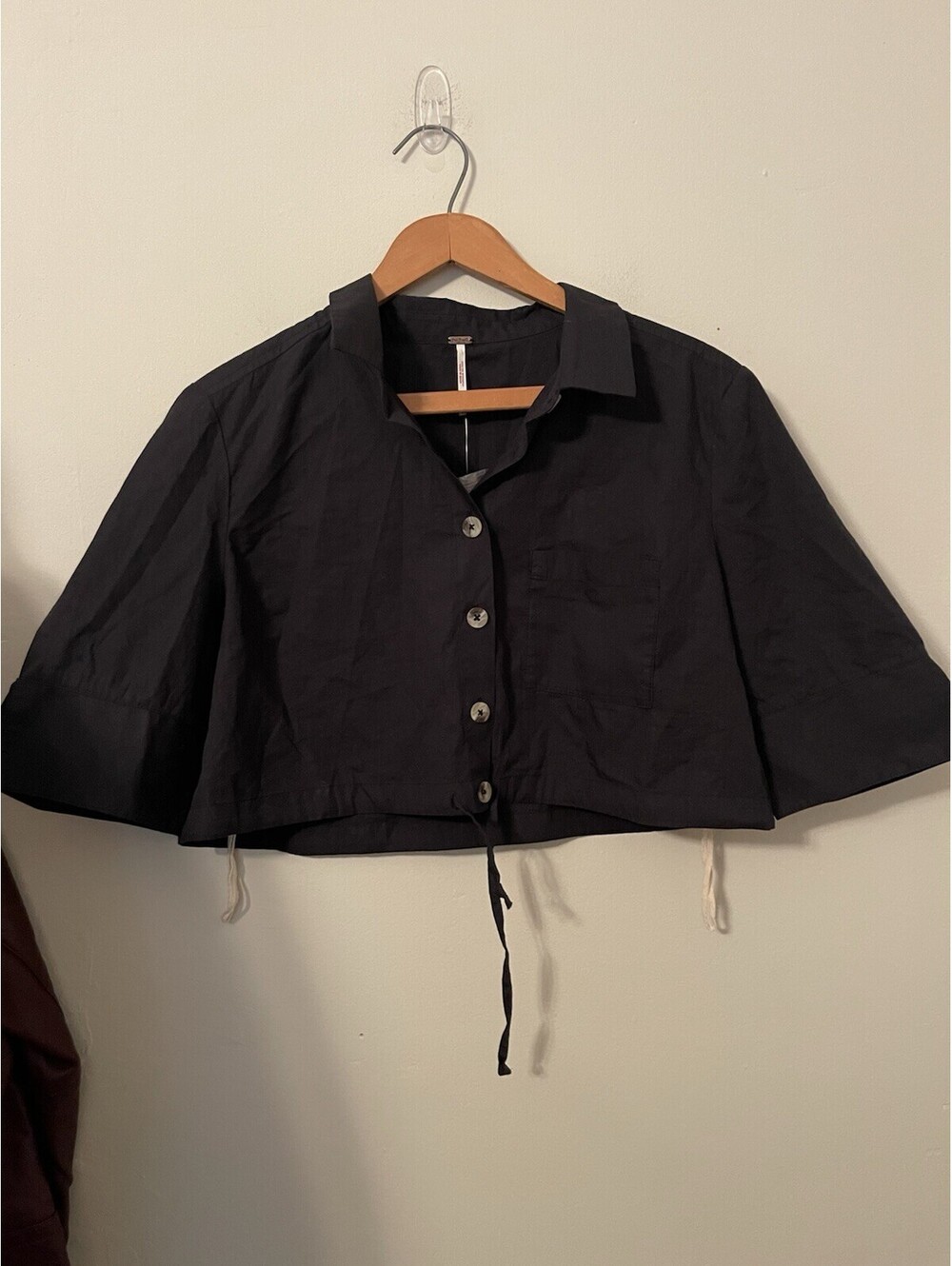 Free People Black Button Up Cropped Shirt Top Cotton Medium M Shirt Collar